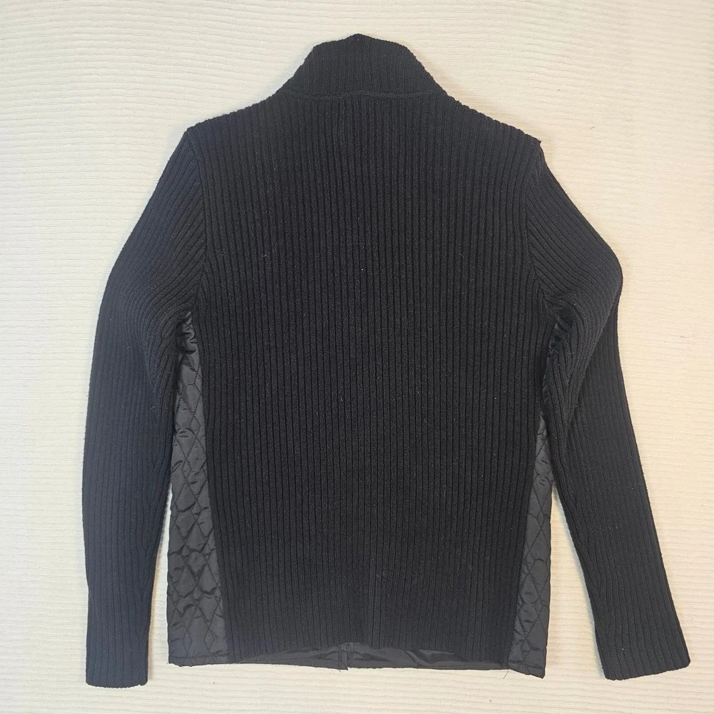 For Cynthia Black Quilted Hybrid Jacket Ribbed Knit Sleeves Mock‎ Neck Zip Front